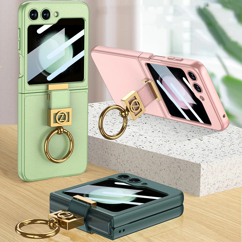 Leather Case With Z Finger Ring & Lens Glass for Samsung Galaxy Z Flip 5 - onlinemegasale.com