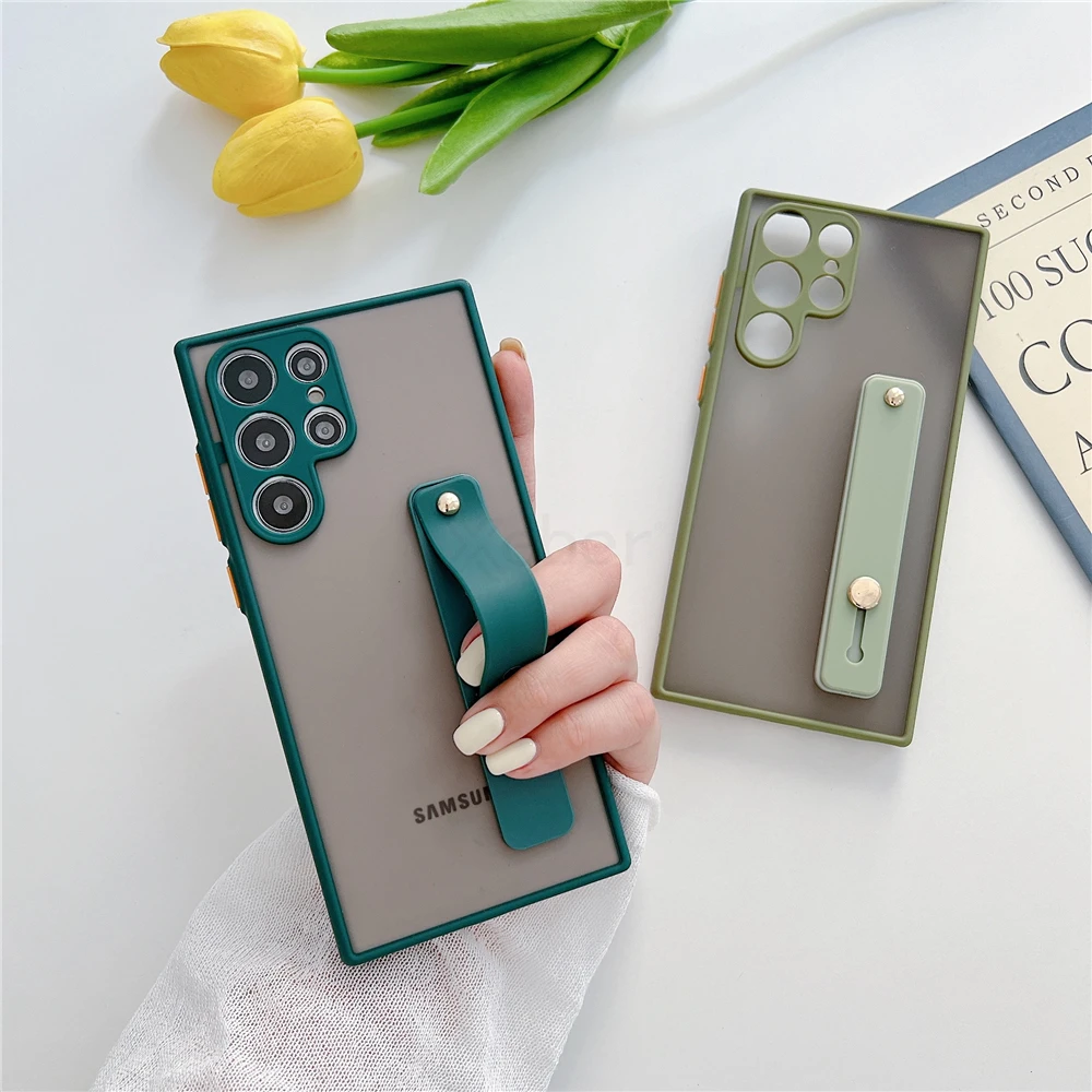 Wrist Strap Stand Clear Matte Case For Samsung S22 Series - onlinemegasale.com