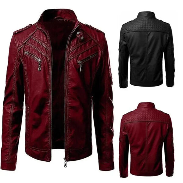 Stylish Stand Collar Men's Leather Jacket with Convenient Zipper Pockets