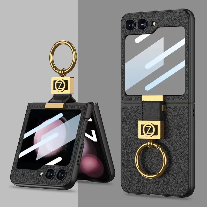 Leather Case With Z Finger Ring & Lens Glass for Samsung Galaxy Z Flip 5 - onlinemegasale.com