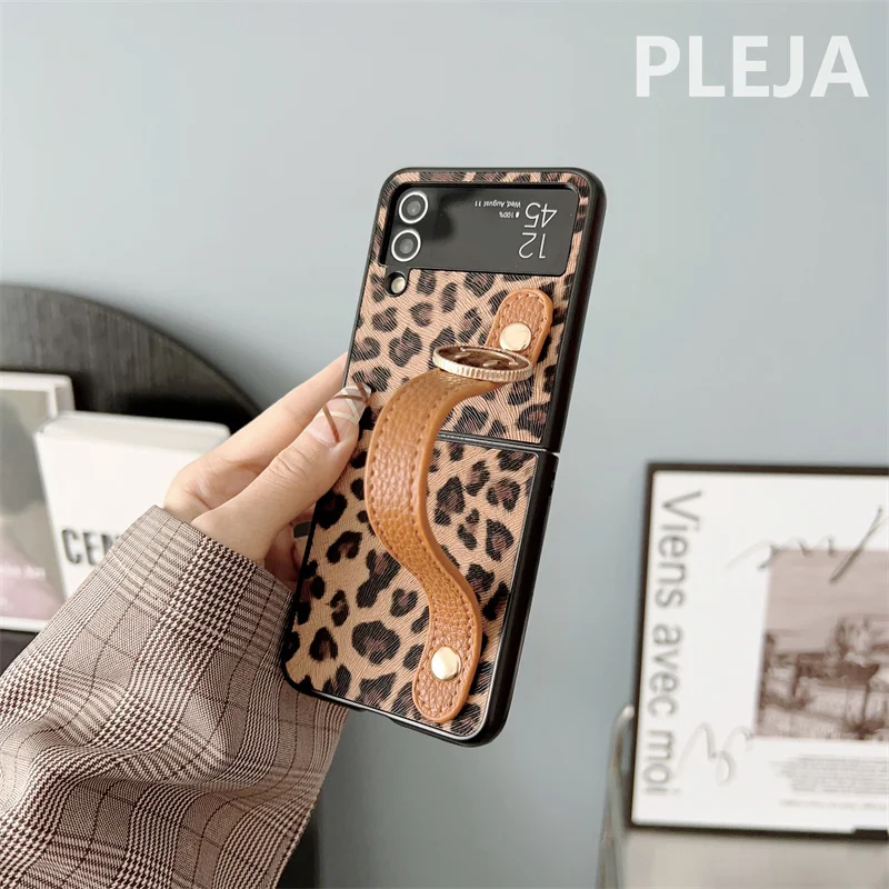 Luxury Leopard Print Wrist Strap Leather Case For Samsung Galaxy Z Flip 4 & 3 - onlinemegasale.com