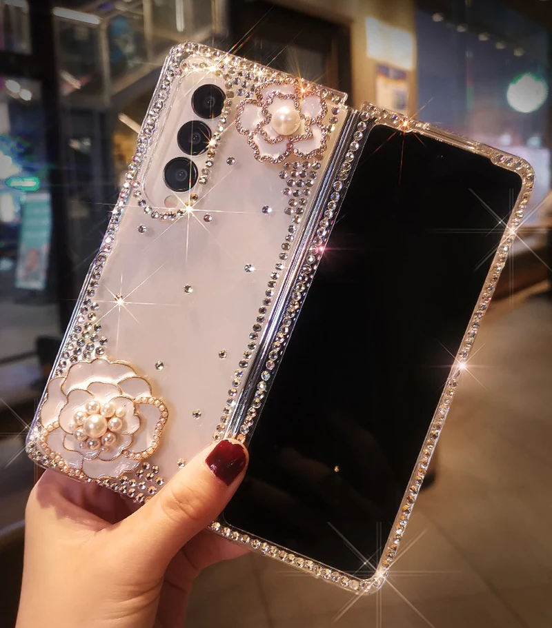 Bling Rhinestone Flower Transparent Hard PC Phone Cover For Samsung Galaxy Z Fold - onlinemegasale.com
