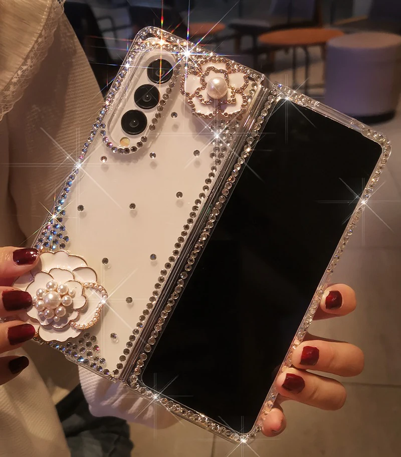 Bling Rhinestone Flower Transparent Hard PC Phone Cover For Samsung Galaxy Z Fold - onlinemegasale.com