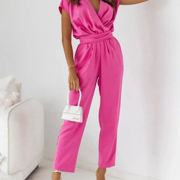 Chic Women's Jumpsuit - Elegant Wrap V-Neck - Stylish Short Sleeves - Flattering Belted Waist - Perfectly Tailored Fit