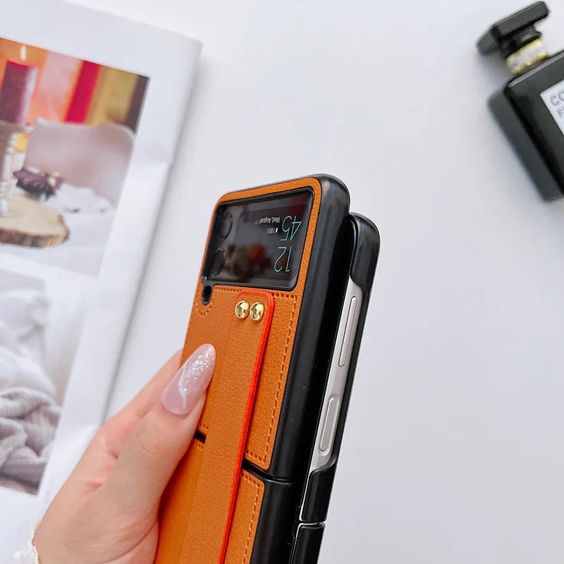 Luxury Wrist Strap Holder Leather Phone Case For Samsung Galaxy Z Flip - onlinemegasale.com