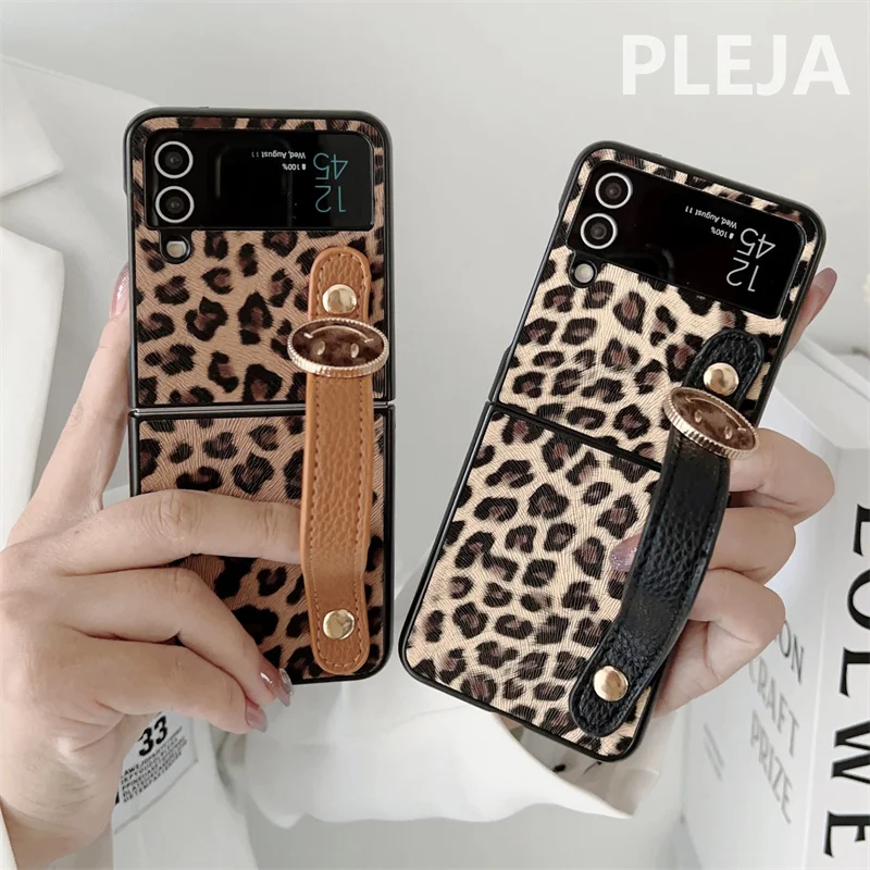 Luxury Leopard Print Wrist Strap Leather Case For Samsung Galaxy Z Flip 4 & 3 - onlinemegasale.com