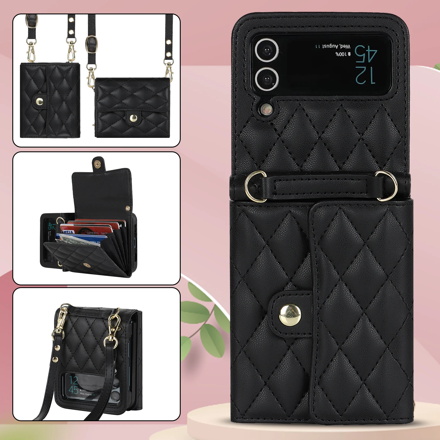 Luxury PU Leather Crossbody Lanyard Holder Magnetic Z Flip 4 & 3 Case - onlinemegasale.com