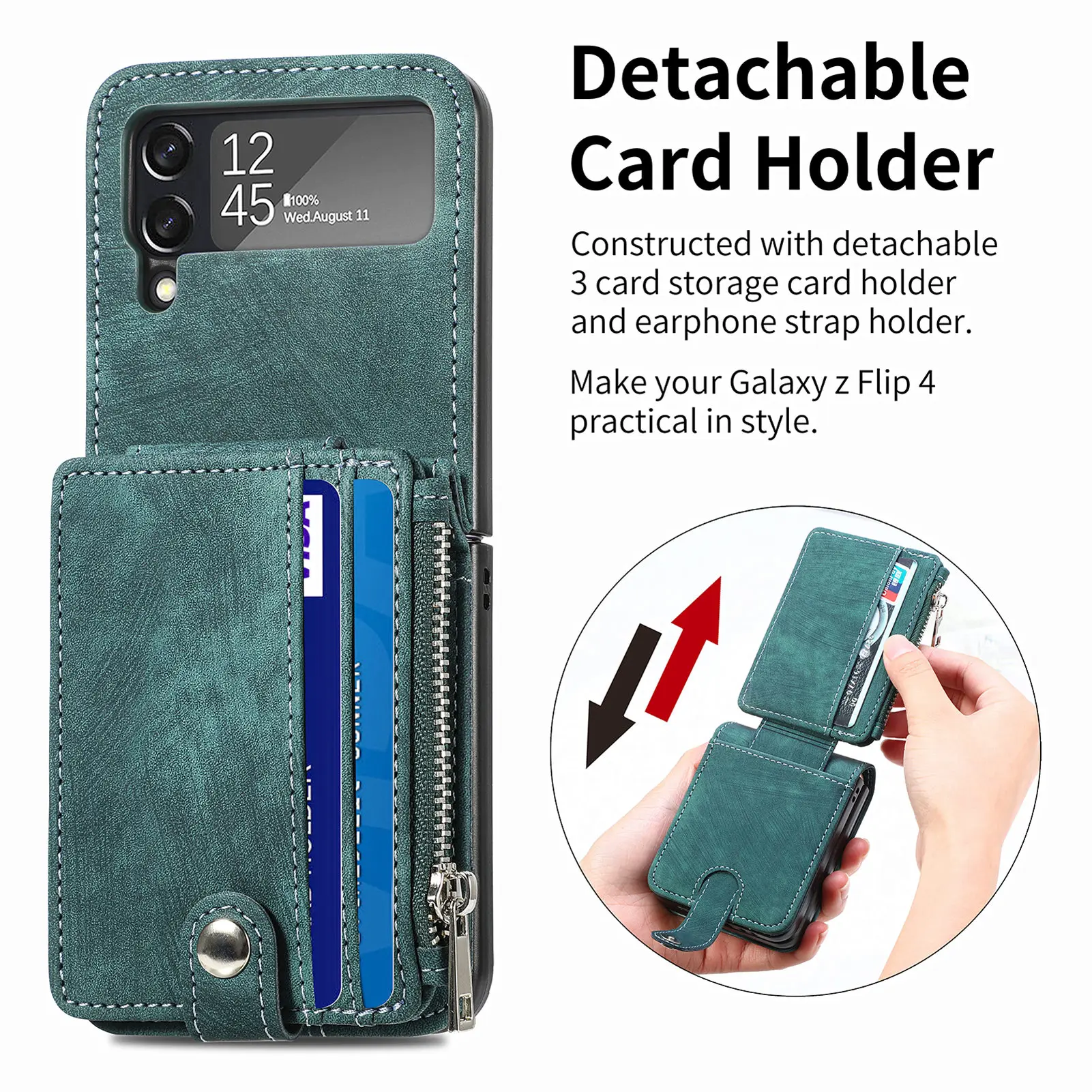 Detachable Leather 2 in 1 Zipper Wallet Folding Case for Samsung Flip4 &3 - onlinemegasale.com