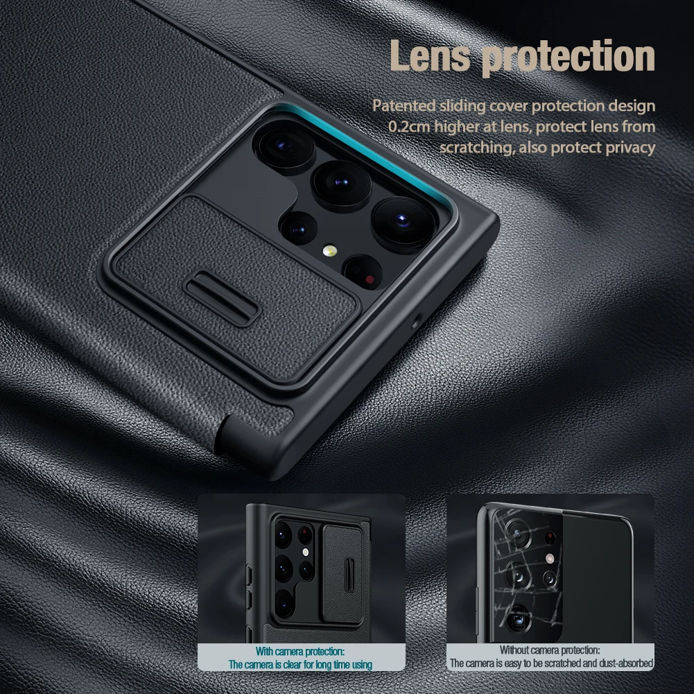 Leather Case for Samsung Galaxy S23 Series Cloth Lens with Card Slot Back Cover - onlinemegasale.com