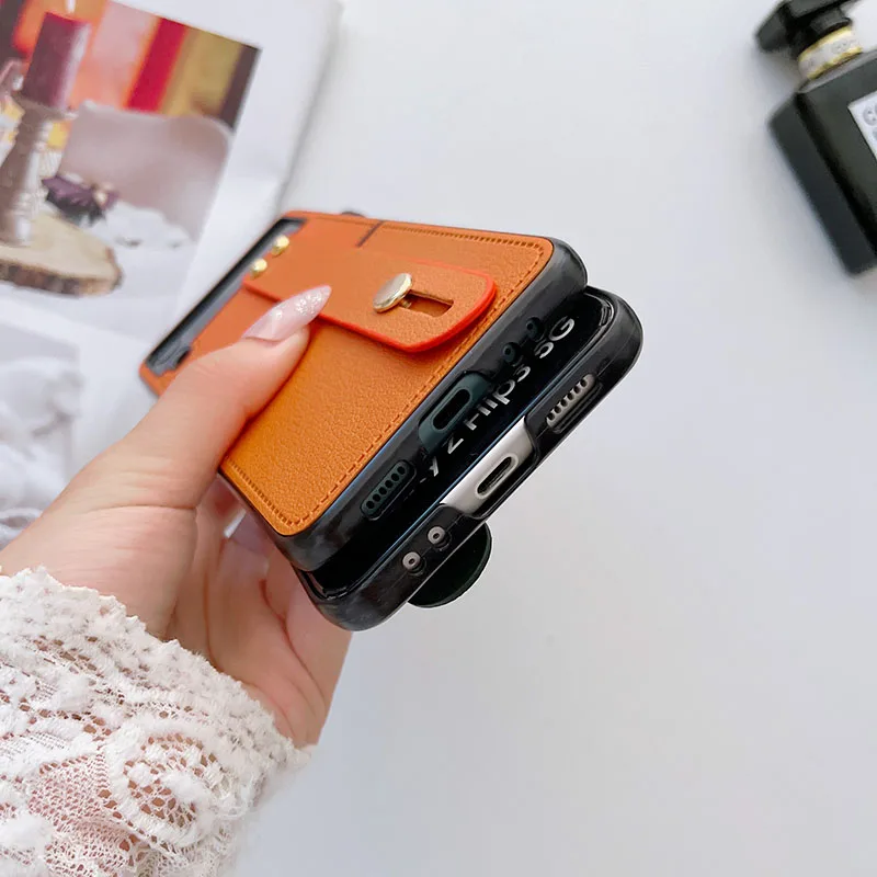 Luxury Wrist Strap Holder Leather Phone Case For Samsung Galaxy Z Flip - onlinemegasale.com