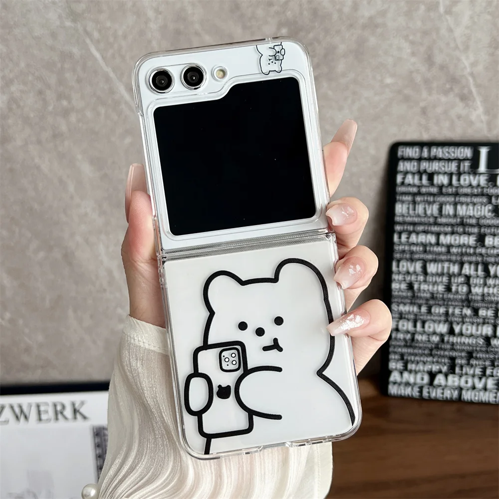 Cute Bear Transparent Pearl Bracelet Case for Samsung Galaxy Z Flip 5 - onlinemegasale.com