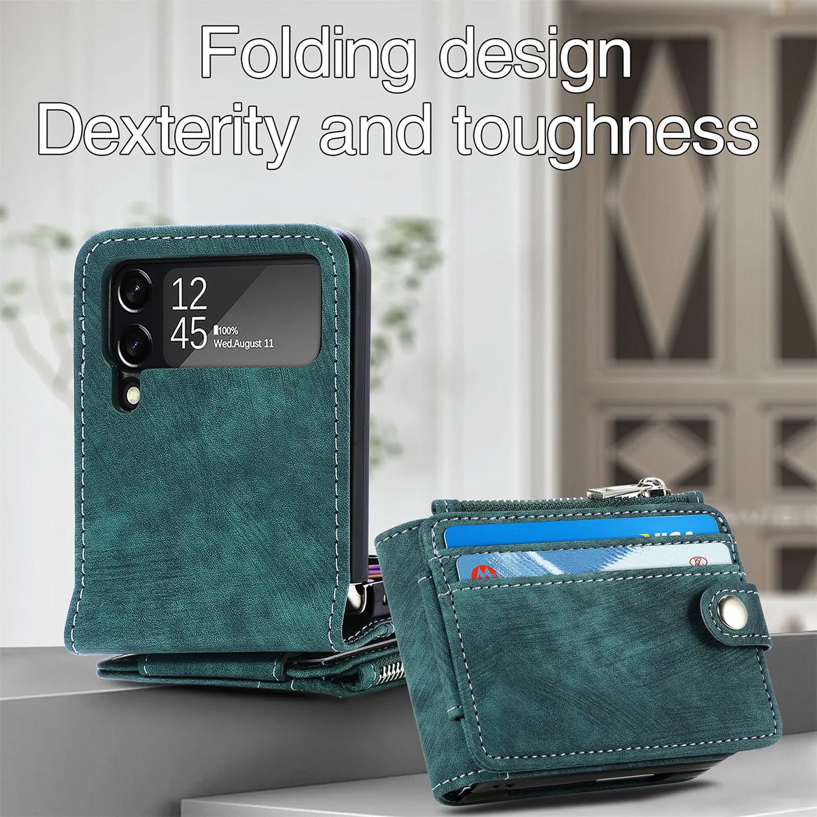 Detachable Leather 2 in 1 Zipper Wallet Folding Case for Samsung Flip4 &3 - onlinemegasale.com