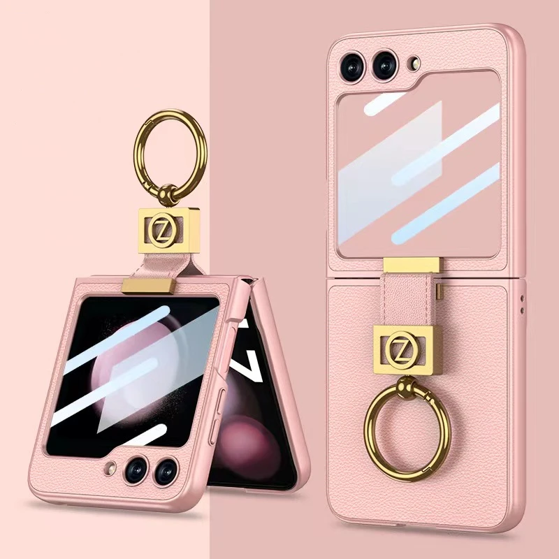 Leather Case With Z Finger Ring & Lens Glass for Samsung Galaxy Z Flip 5 - onlinemegasale.com