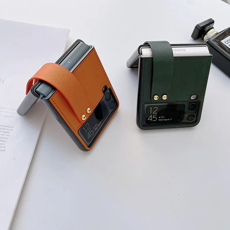 Luxury Wrist Strap Holder Leather Phone Case For Samsung Galaxy Z Flip - onlinemegasale.com
