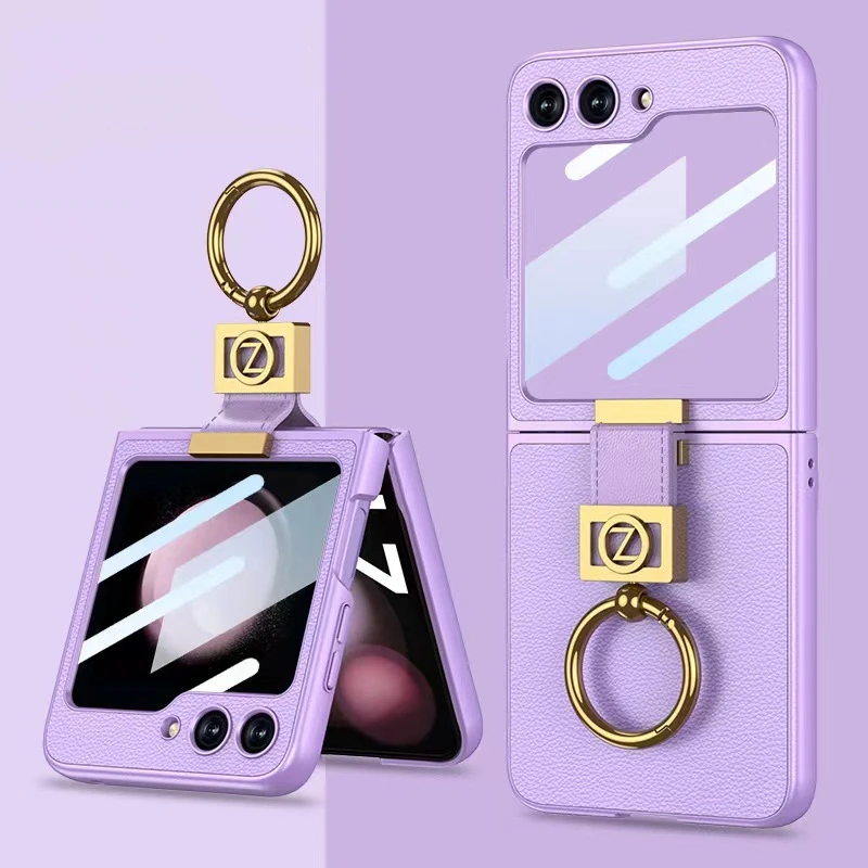 Leather Case With Z Finger Ring & Lens Glass for Samsung Galaxy Z Flip 5 - onlinemegasale.com