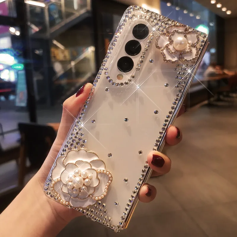 Bling Rhinestone Flower Transparent Hard PC Phone Cover For Samsung Galaxy Z Fold - onlinemegasale.com