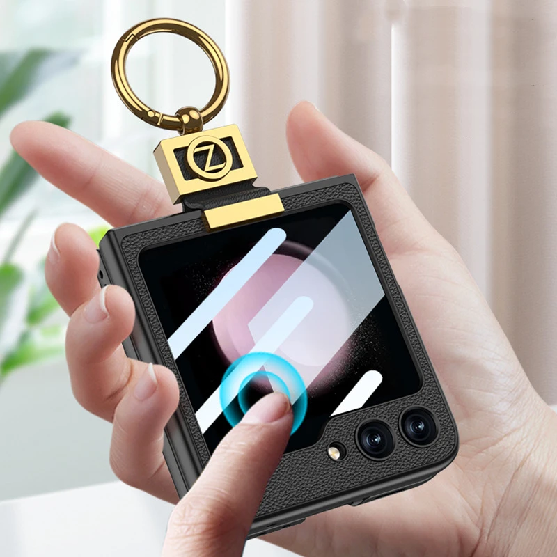 Leather Case With Z Finger Ring & Lens Glass for Samsung Galaxy Z Flip 5 - onlinemegasale.com