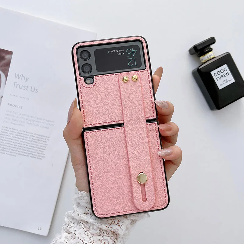 Luxury Wrist Strap Holder Leather Phone Case For Samsung Galaxy Z Flip - onlinemegasale.com