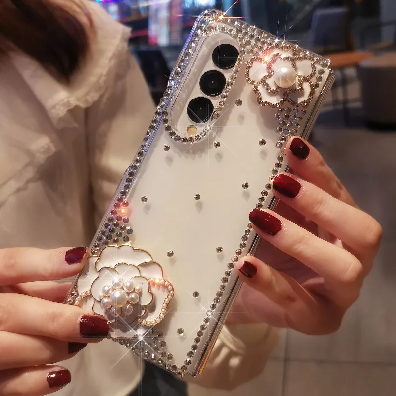 Bling Rhinestone Flower Transparent Hard PC Phone Cover For Samsung Galaxy Z Fold - onlinemegasale.com