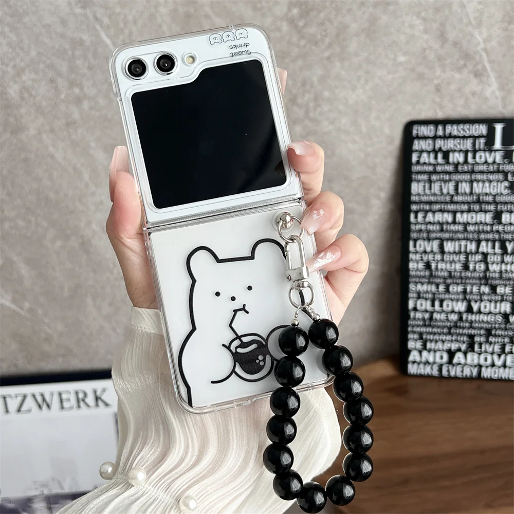 Cute Bear Transparent Pearl Bracelet Case for Samsung Galaxy Z Flip 5 - onlinemegasale.com