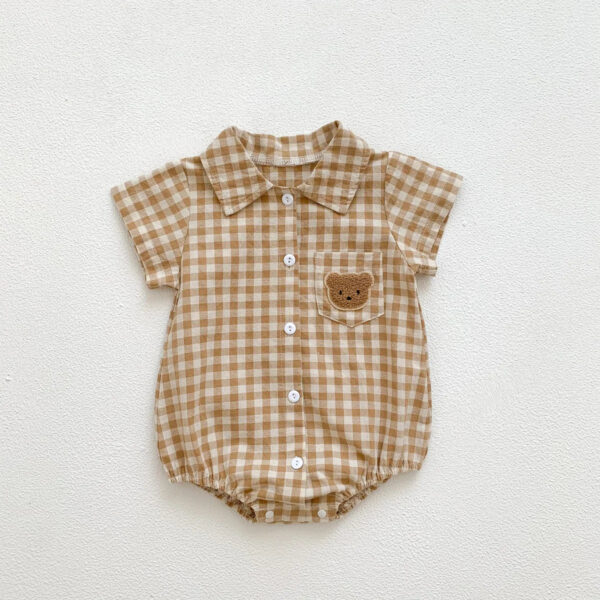 Summer Short Sleeve Plaid Embroidery Bear Outfits