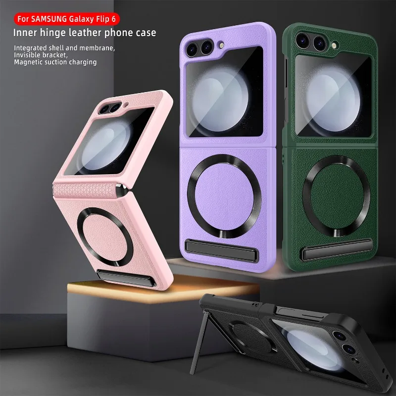 Shockproof Leather Case with Magnetic Kickstand for Samsung Galaxy Z Flip 6 - onlinemegasale.com Shockproof Leather Case with Magnetic Kickstand for Samsung Galaxy Z Flip 6 - onlinemegasale.com