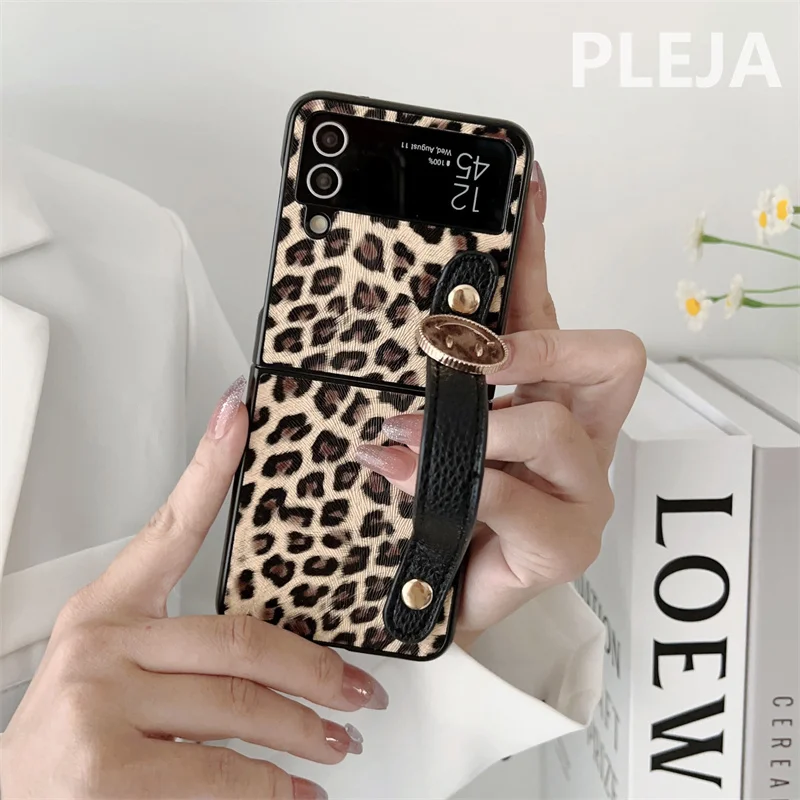 Luxury Leopard Print Wrist Strap Leather Case For Samsung Galaxy Z Flip 4 & 3 - onlinemegasale.com