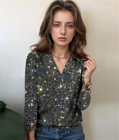 Saga™ - Sparkling Printed V-Neck Long Sleeve Top for Women - onlinemegasale.com Saga™ - Sparkling Printed V-Neck Long Sleeve Top for Women - onlinemegasale.com