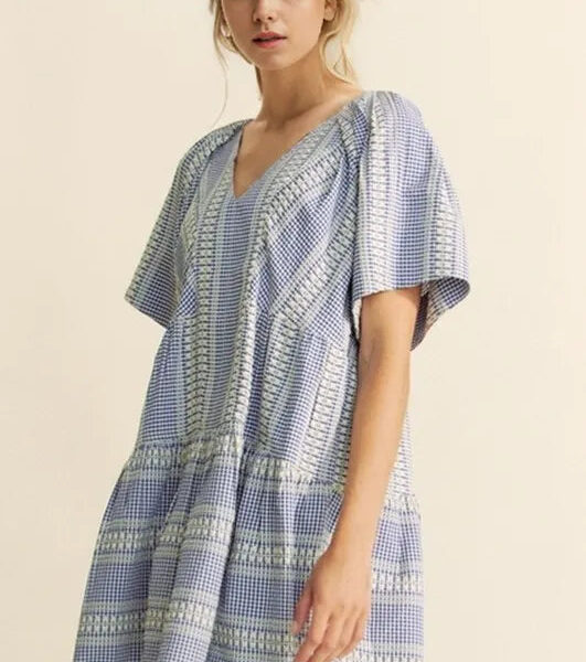 Embroidered Stripe Ruffled Gingham Mini Dress