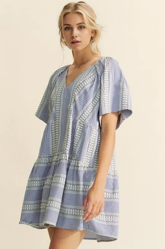 a00d7089fd34455d8d95b23097a66be4-Max-Origin Embroidered Stripe Ruffled Gingham Mini Dress - onlinemegasale.com