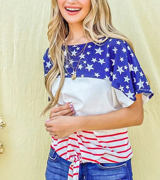 And The Why American Flag Print Tie Knot Front Casual Top