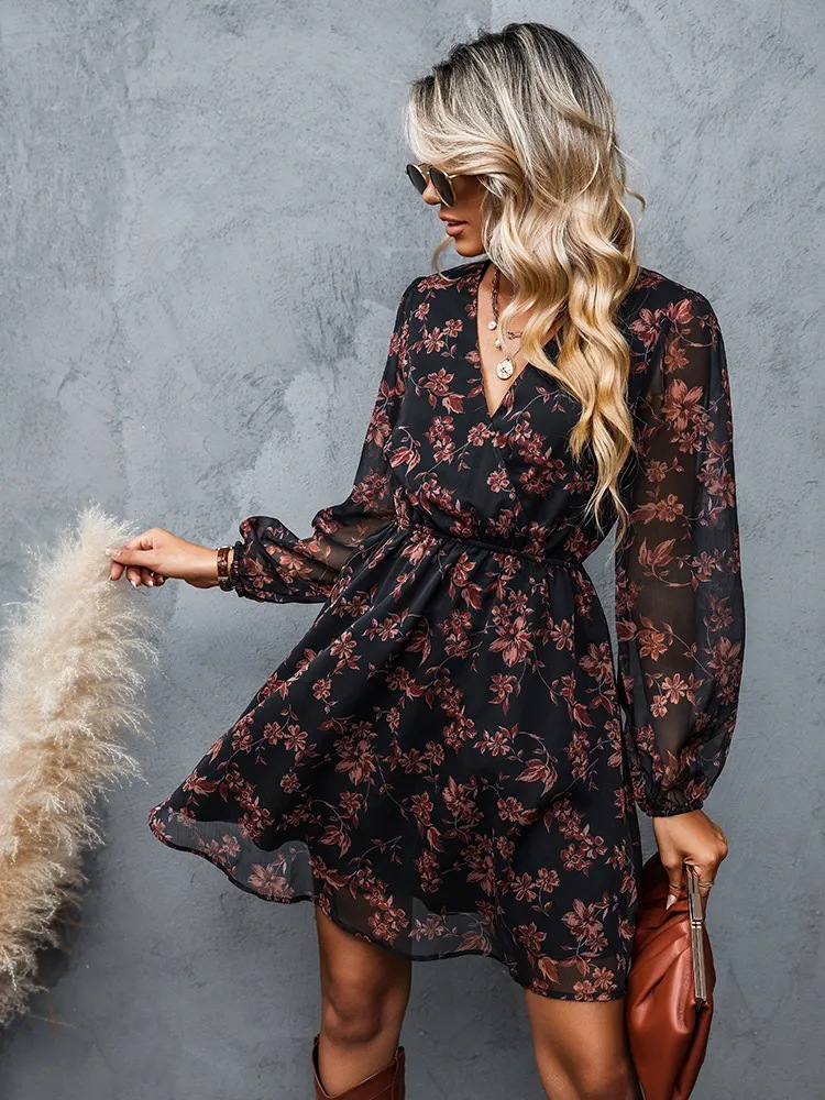 Dress V-neck elegant chiffon printed floral spring see-through skirt - onlinemegasale.com