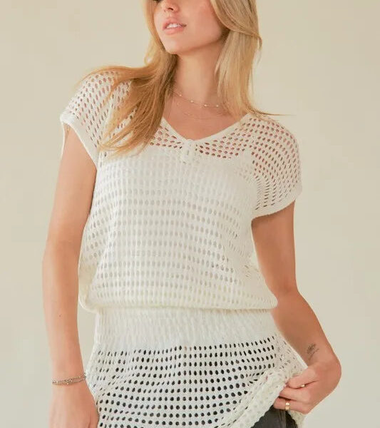 V Neck Cap Sleeve Openwork Knit Cover Up