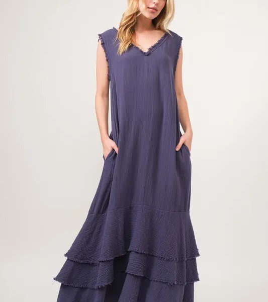 Washed Cotton Gauze Fringe Detail Tiered Dress