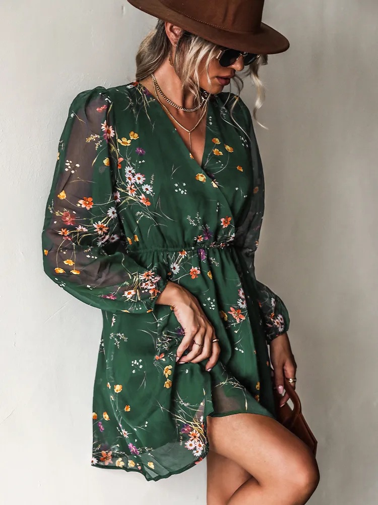 Dress V-neck elegant chiffon printed floral spring see-through skirt - onlinemegasale.com