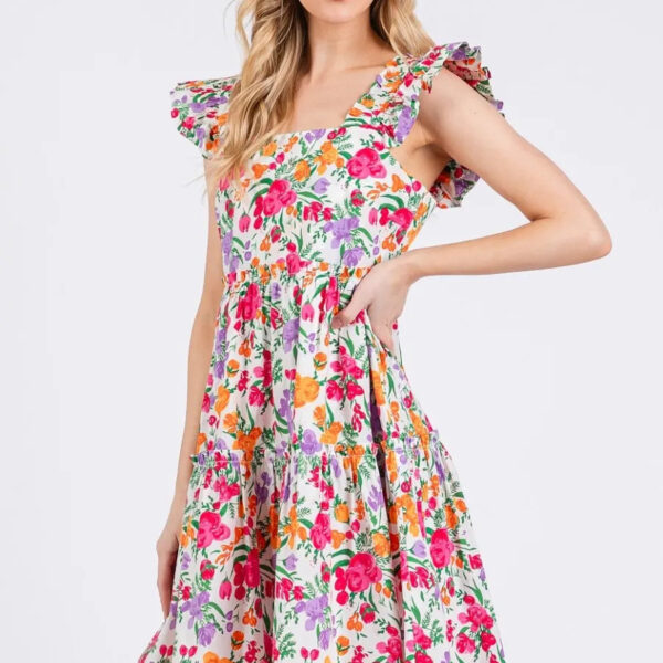 Flower Print Ruffle Shoulder A-line Mini Dress