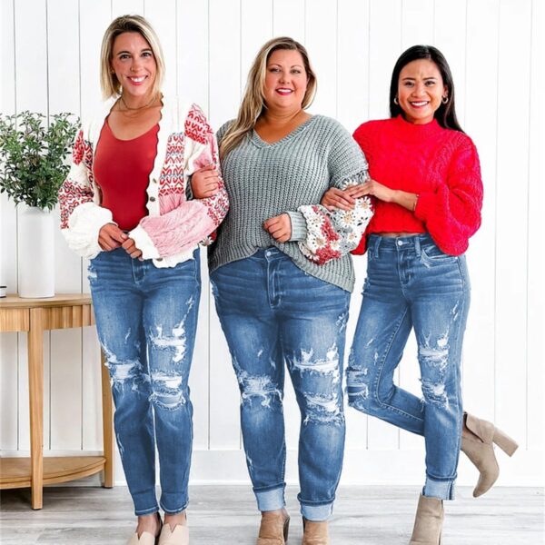 🔥Tummy Control Distressed Cuffed Boyfriend Jeans