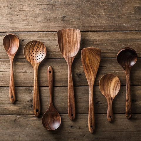 Handmade Teak Wooden Kitchen Utensils | 7 Sets - onlinemegasale.com