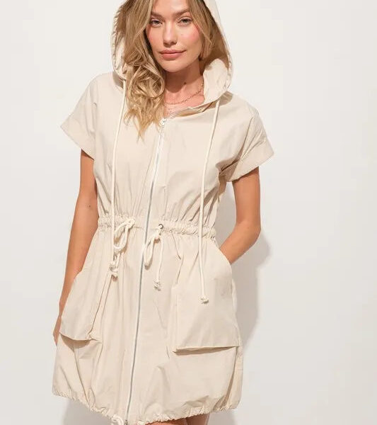Short Sleeve String Details Hooded Mini Dress