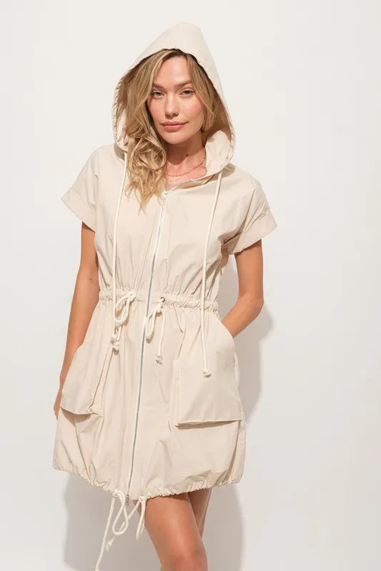 ad54cc4c160e4609ac365a73dc83b2ef-Max-Origin Short Sleeve String Details Hooded Mini Dress - onlinemegasale.com