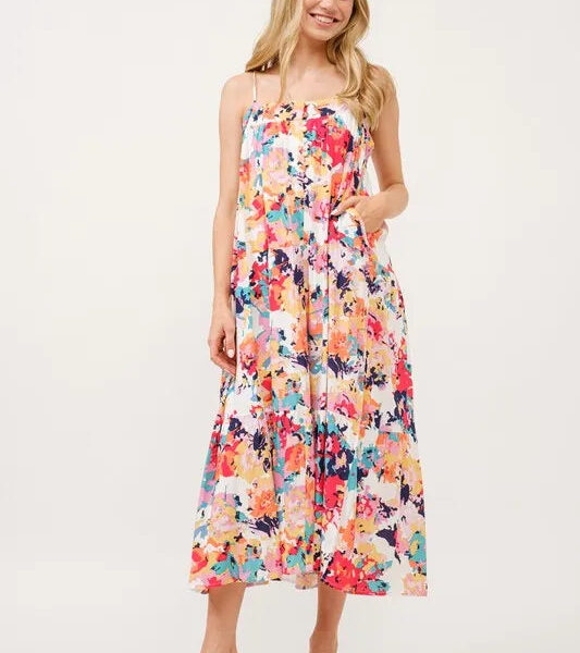 Tiered Floral Midi Cami Dress with Pockets