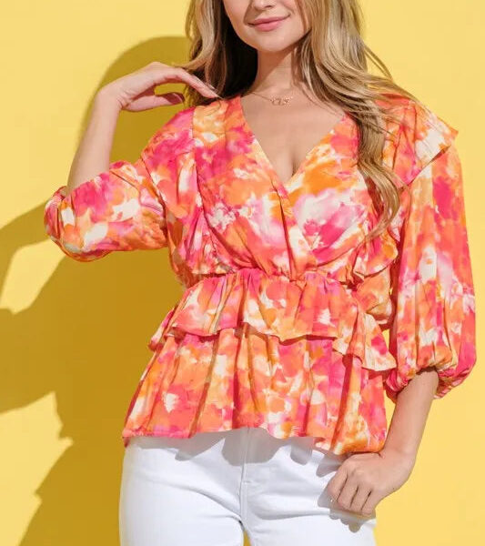 And The Why Ruffled Printed Puff Sleeve Blouse