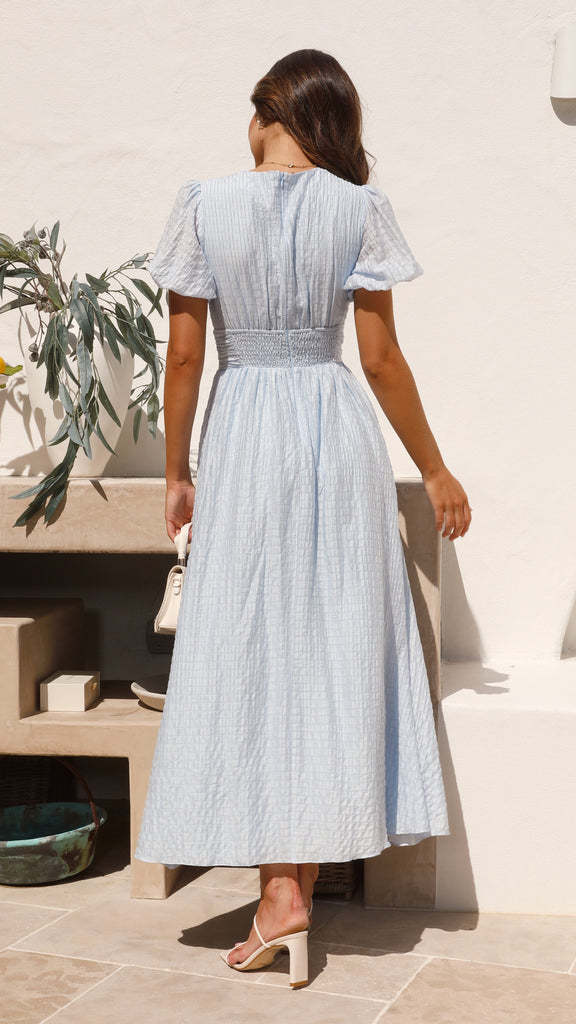 Rustic V Neck Button Zip Pleated Slit Puff Sleeve Maxi Dress - onlinemegasale.com