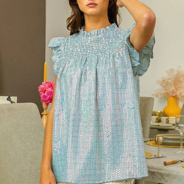 Clear Sequin All-over Gingham Smocked Top