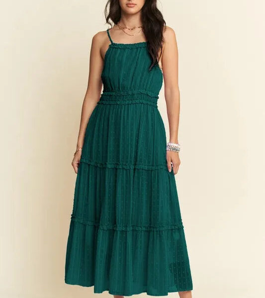 Texture Swiss Dot Ruffle Square Neck Midi Dress