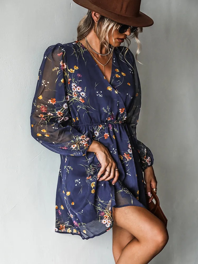 Dress V-neck elegant chiffon printed floral spring see-through skirt - onlinemegasale.com
