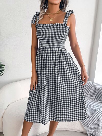Chic Frill-Embellished Plaid Midi Dress with Square Neckline