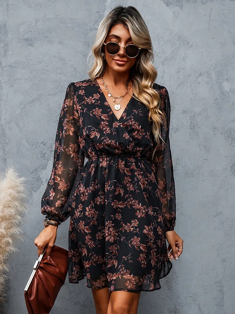 Dress V-neck elegant chiffon printed floral spring see-through skirt - onlinemegasale.com
