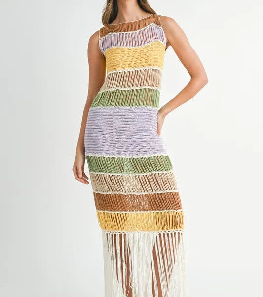 Multi Color Fringed Crochet Knit Dress