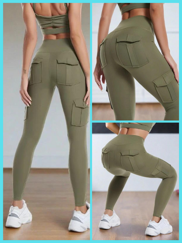 compilation of woman wearing cargo leggings yoga pants
